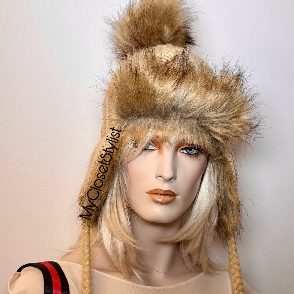 Anthropologie Fur Aviator Trapper Hat Long Braided Ties NWT! os RARE unique